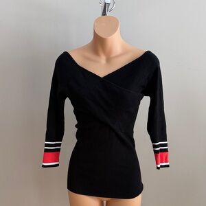 Black V-Neck Sweater with Striped Sleeves